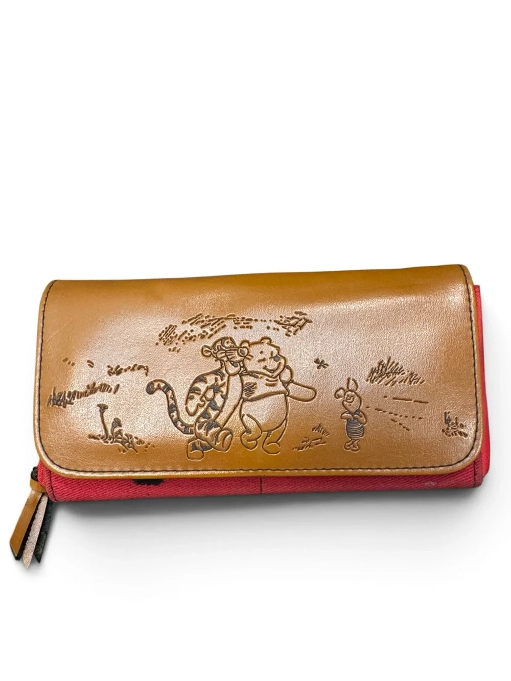 Disney Winnie the Pooh Red Brown Wallet Sketch Zip Around Wristlet